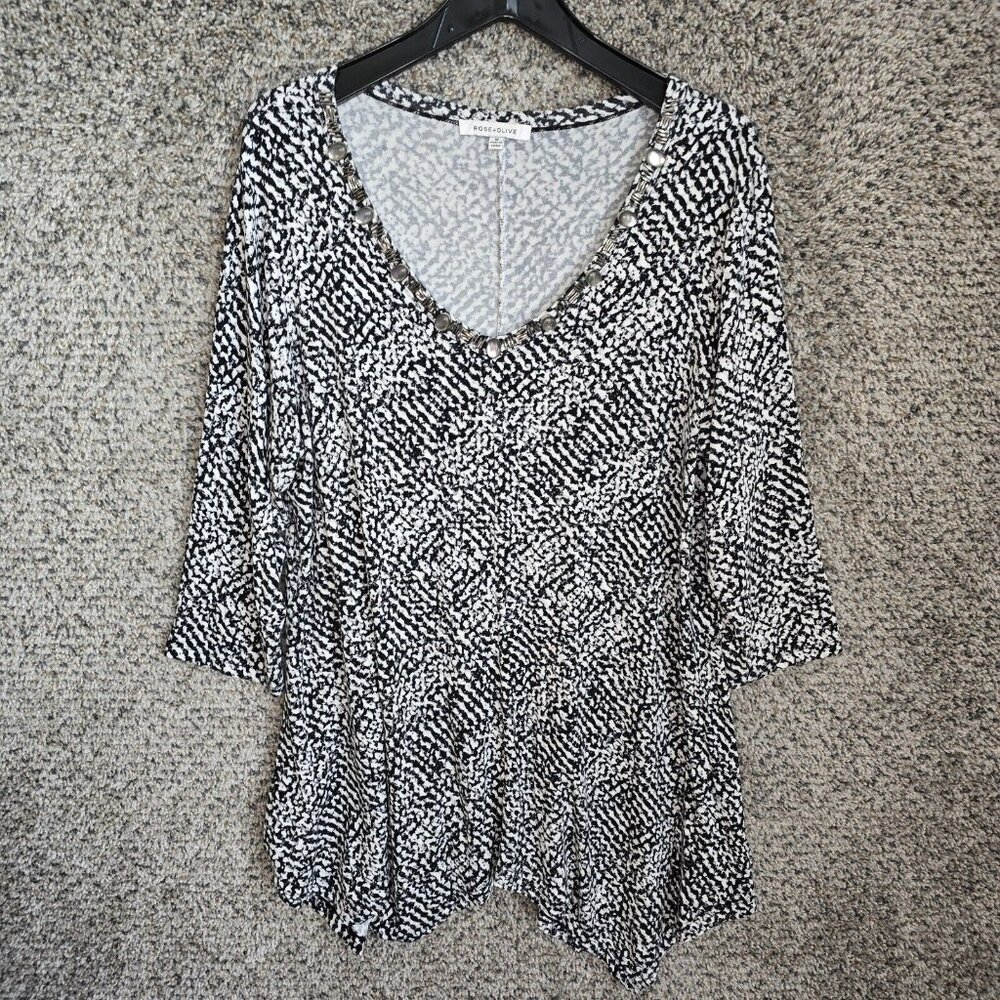 Rose + Olive Top Womens Plus 1X Black Printed Long Sleeve Beaded Casual Ladies